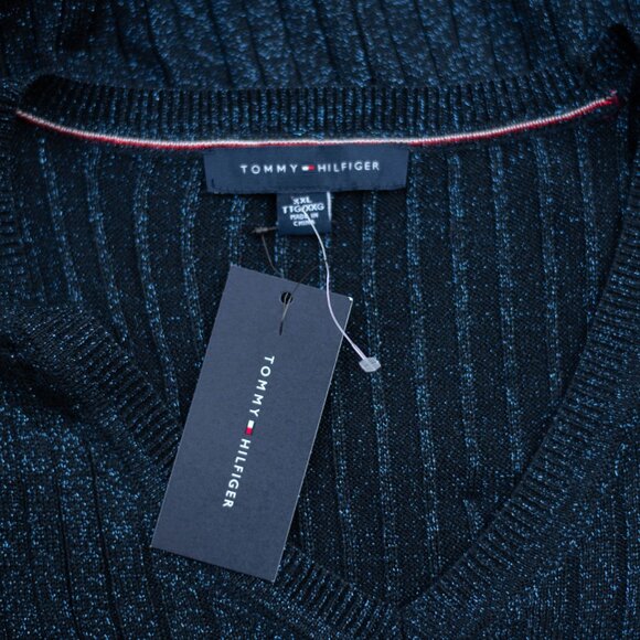 Tommy Hilfiger Womens XXL Blue Metallic V-Neck Pullover Sweater Glam Holyday NWT - Picture 5 of 7